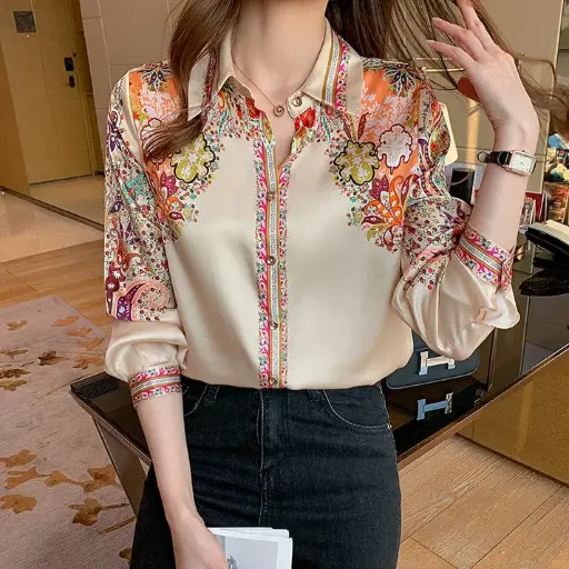 Elegant floral satin blouse, lightweight and perfect for spring & summer